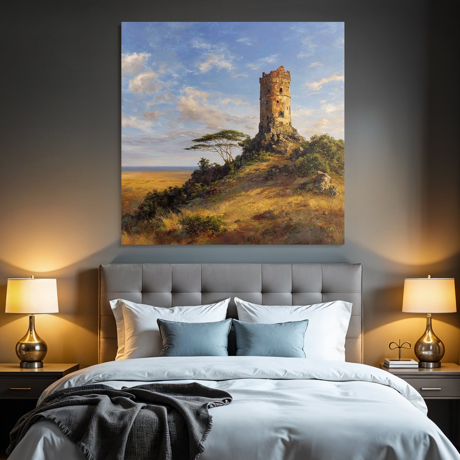 Desert Old Tower on Rocky Outcrop Surrounded by Meadows and Bushes