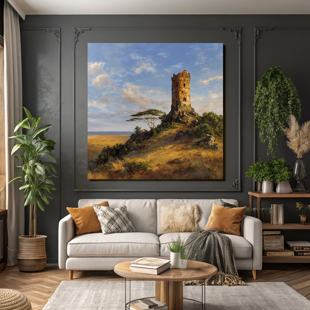 Desert Old Tower on Rocky Outcrop Surrounded by Meadows and Bushes