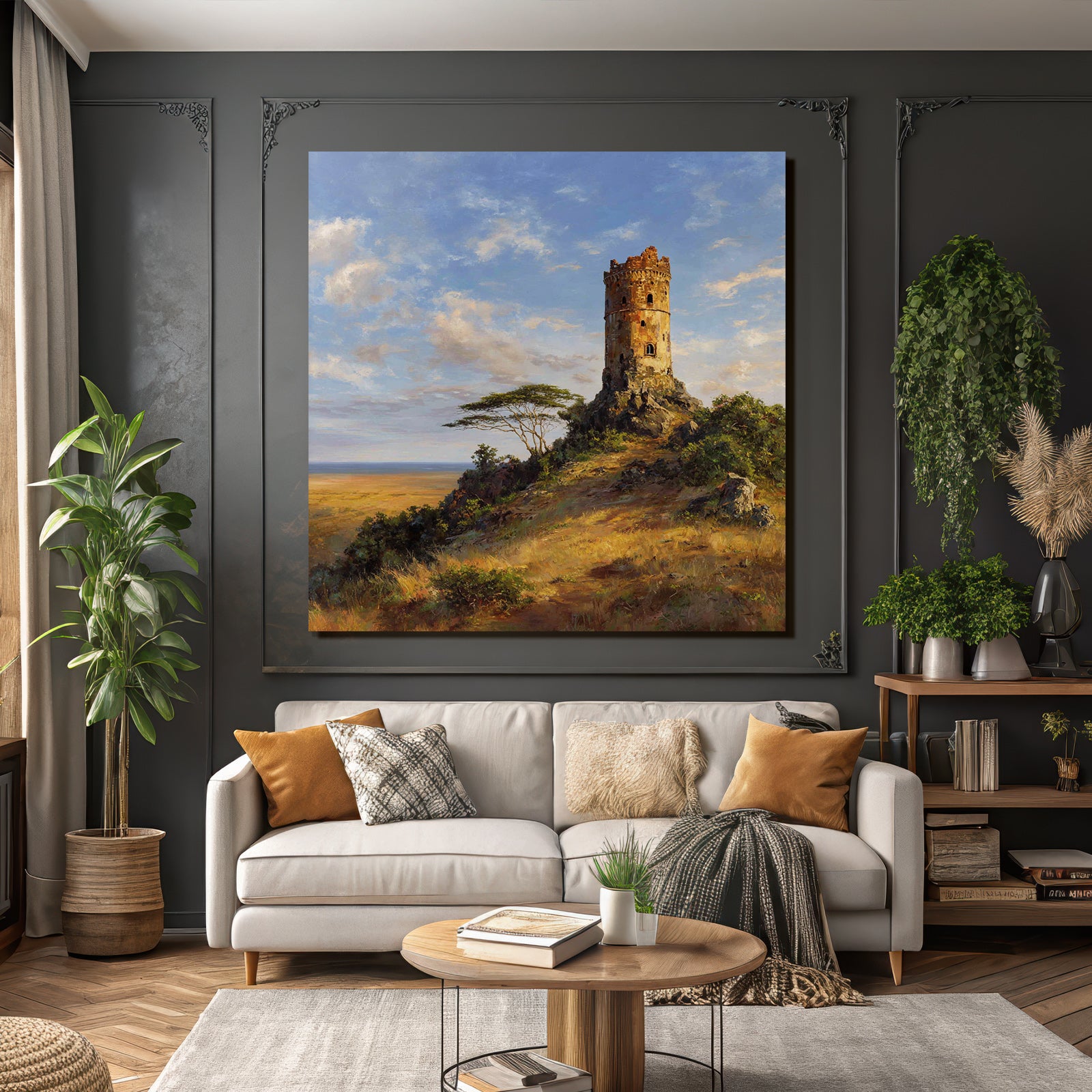 Desert Old Tower on Rocky Outcrop Surrounded by Meadows and Bushes