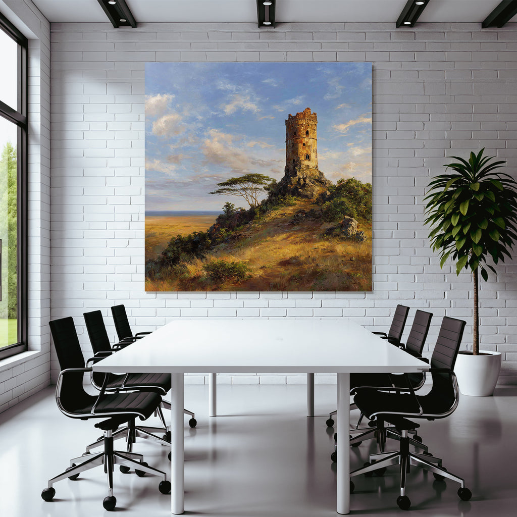 Desert Old Tower on Rocky Outcrop Surrounded by Meadows and Bushes