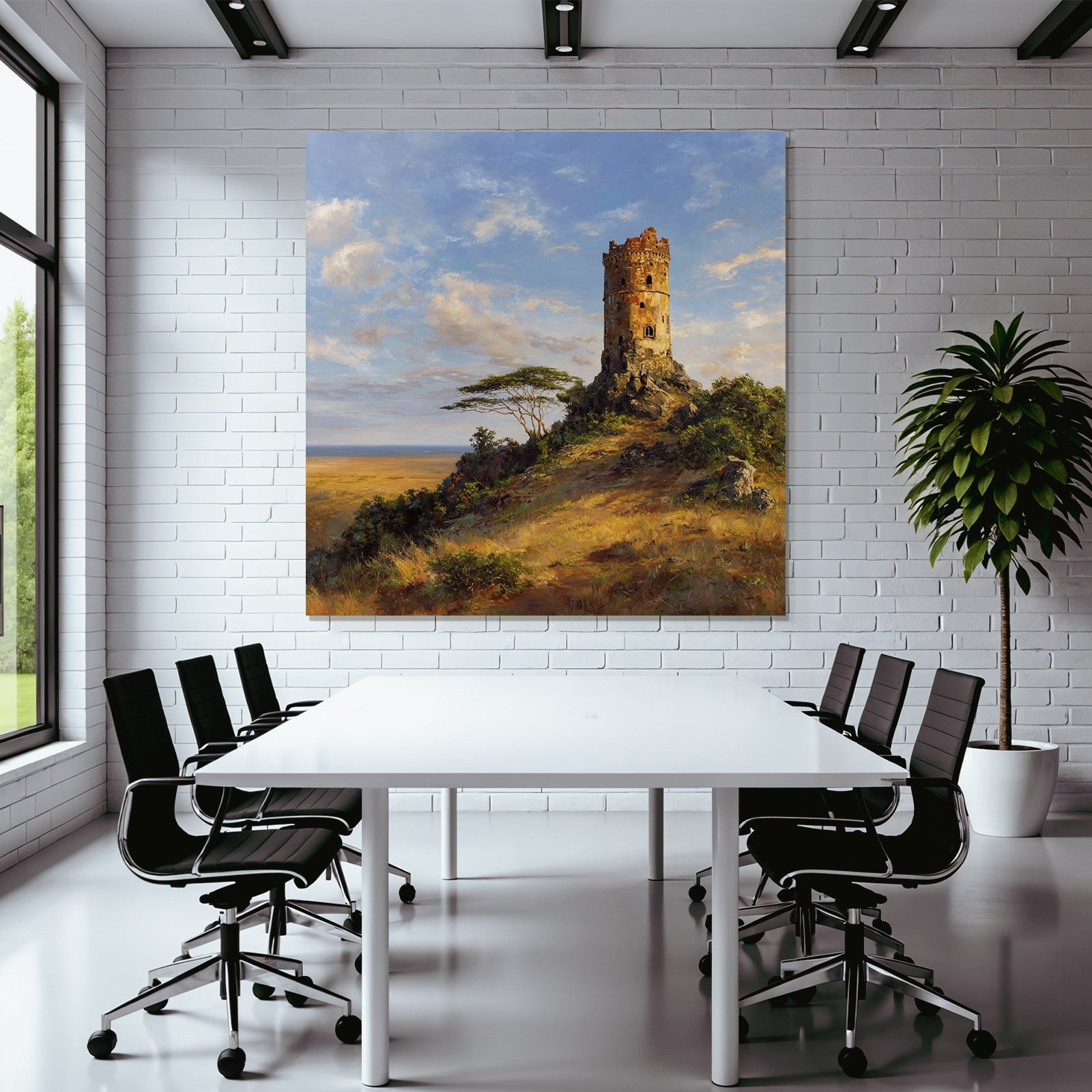 Desert Old Tower on Rocky Outcrop Surrounded by Meadows and Bushes