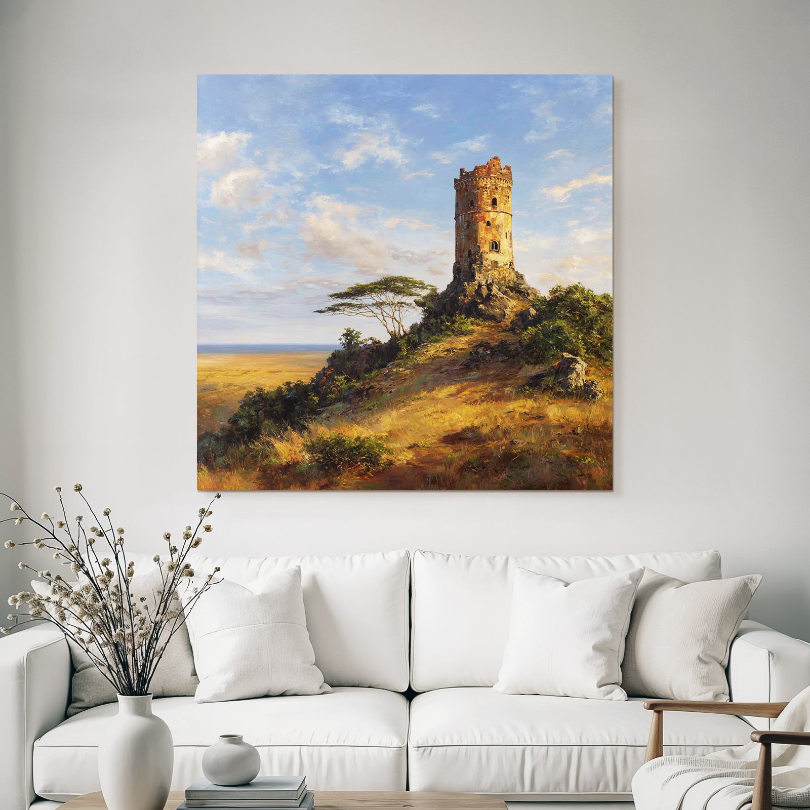 Desert Old Tower on Rocky Outcrop Surrounded by Meadows and Bushes