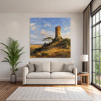 Desert Old Tower on Rocky Outcrop Surrounded by Meadows and Bushes