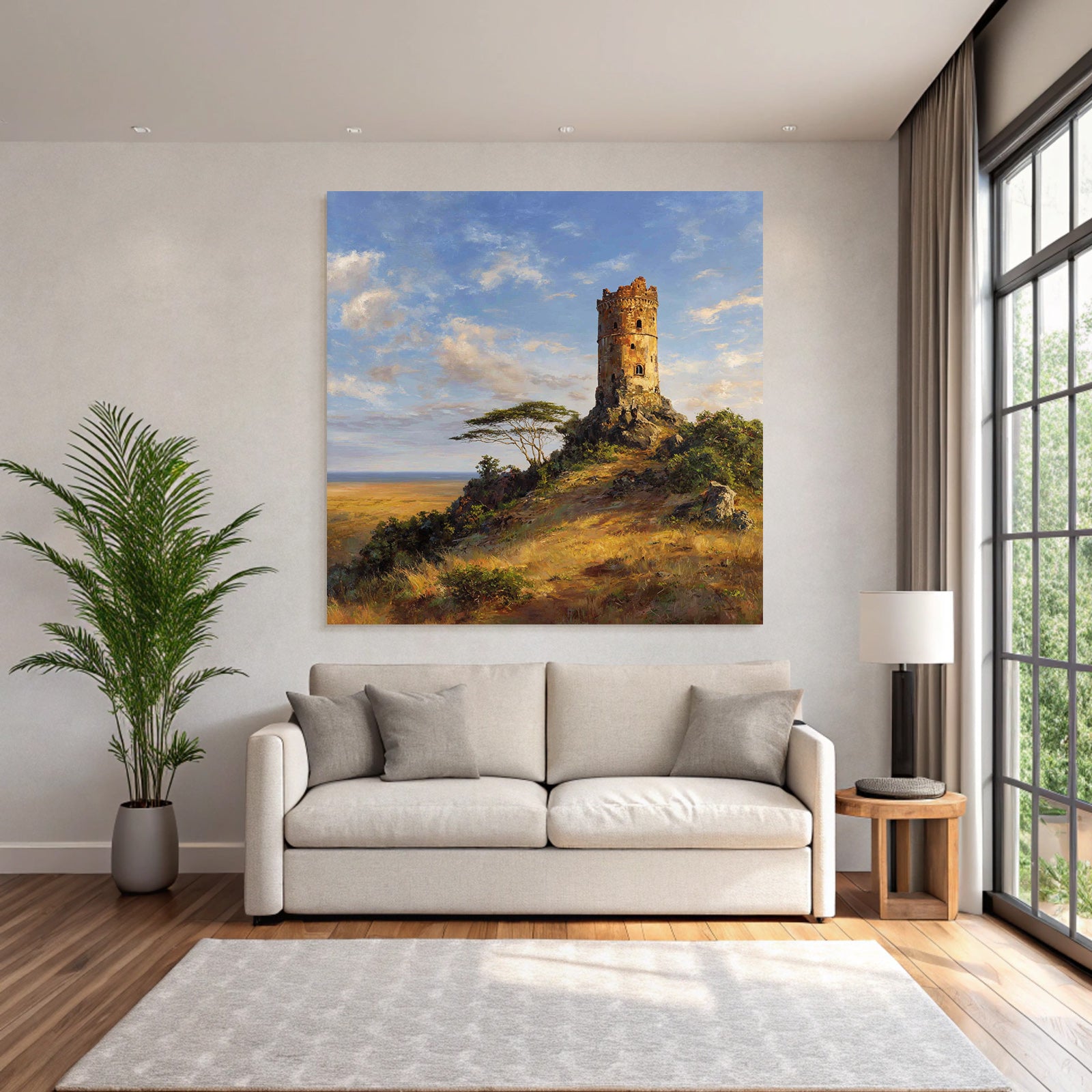 Desert Old Tower on Rocky Outcrop Surrounded by Meadows and Bushes