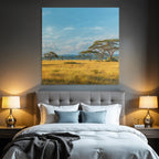 Desert peaceful landscape with green meadows and trees under blue sky