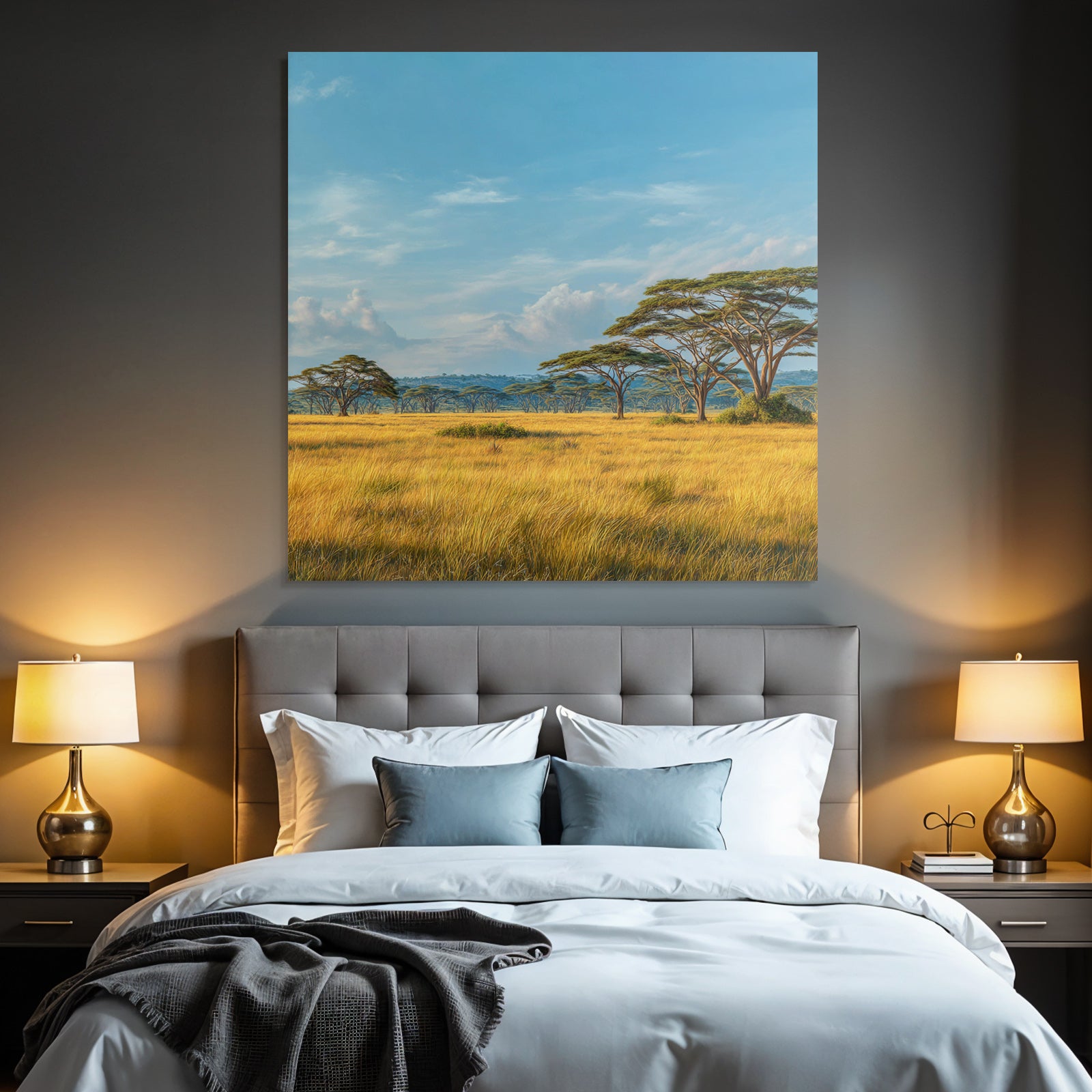 Desert peaceful landscape with green meadows and trees under blue sky