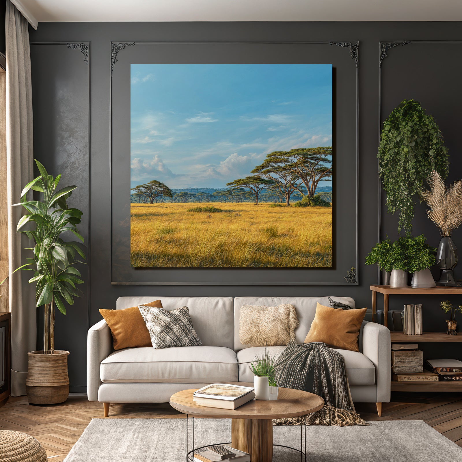 Desert peaceful landscape with green meadows and trees under blue sky