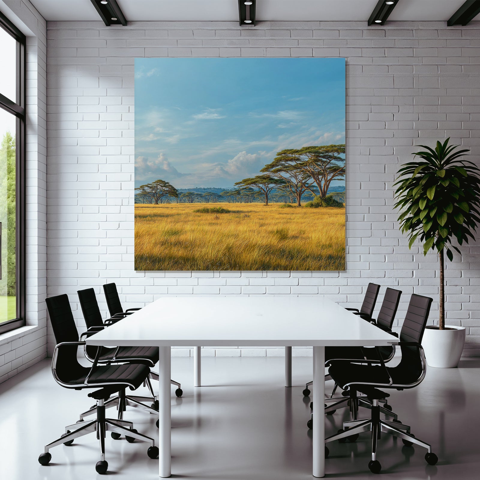 Desert peaceful landscape with green meadows and trees under blue sky