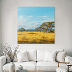 Desert peaceful landscape with green meadows and trees under blue sky