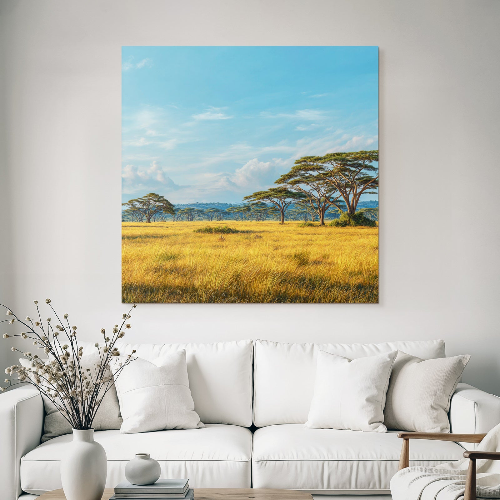 Desert peaceful landscape with green meadows and trees under blue sky