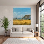 Desert peaceful landscape with green meadows and trees under blue sky