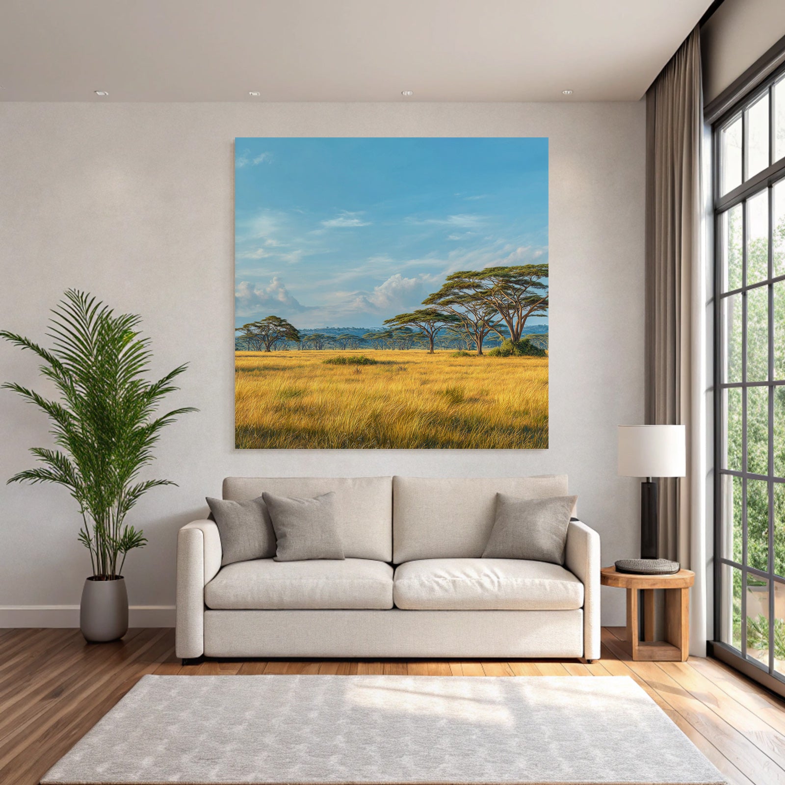 Desert peaceful landscape with green meadows and trees under blue sky