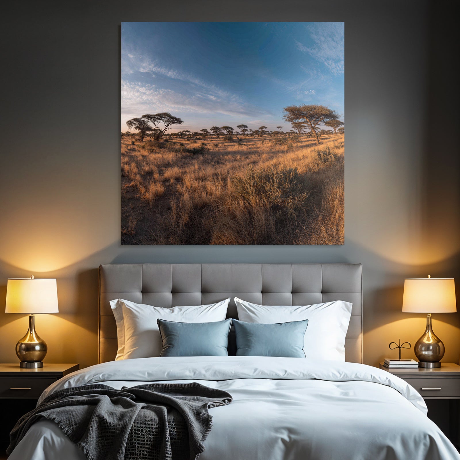Desert Peaceful Landscape Savanna Acacia Green Grassland Clear Blue Sky