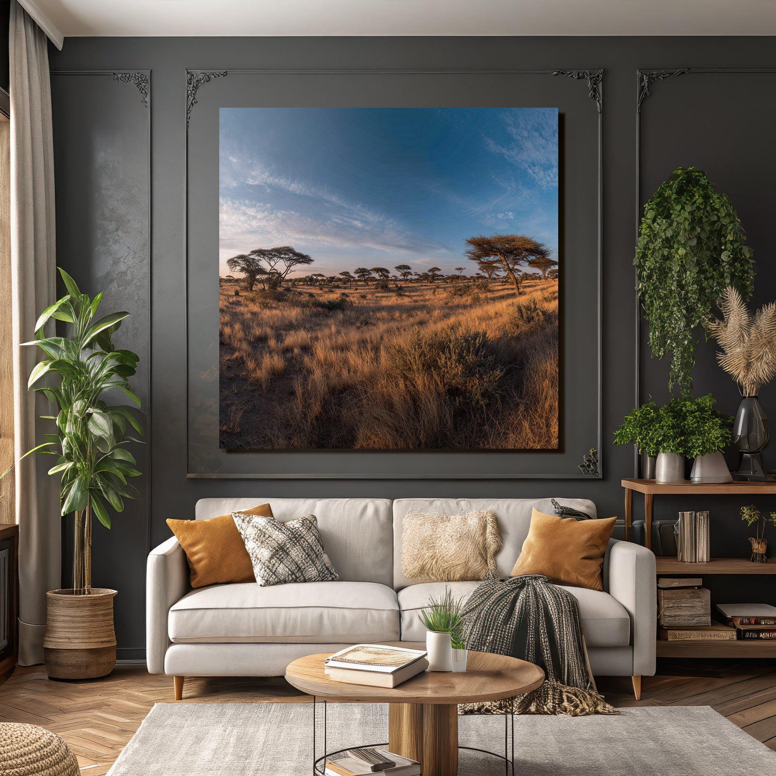 Desert Peaceful Landscape Savanna Acacia Green Grassland Clear Blue Sky