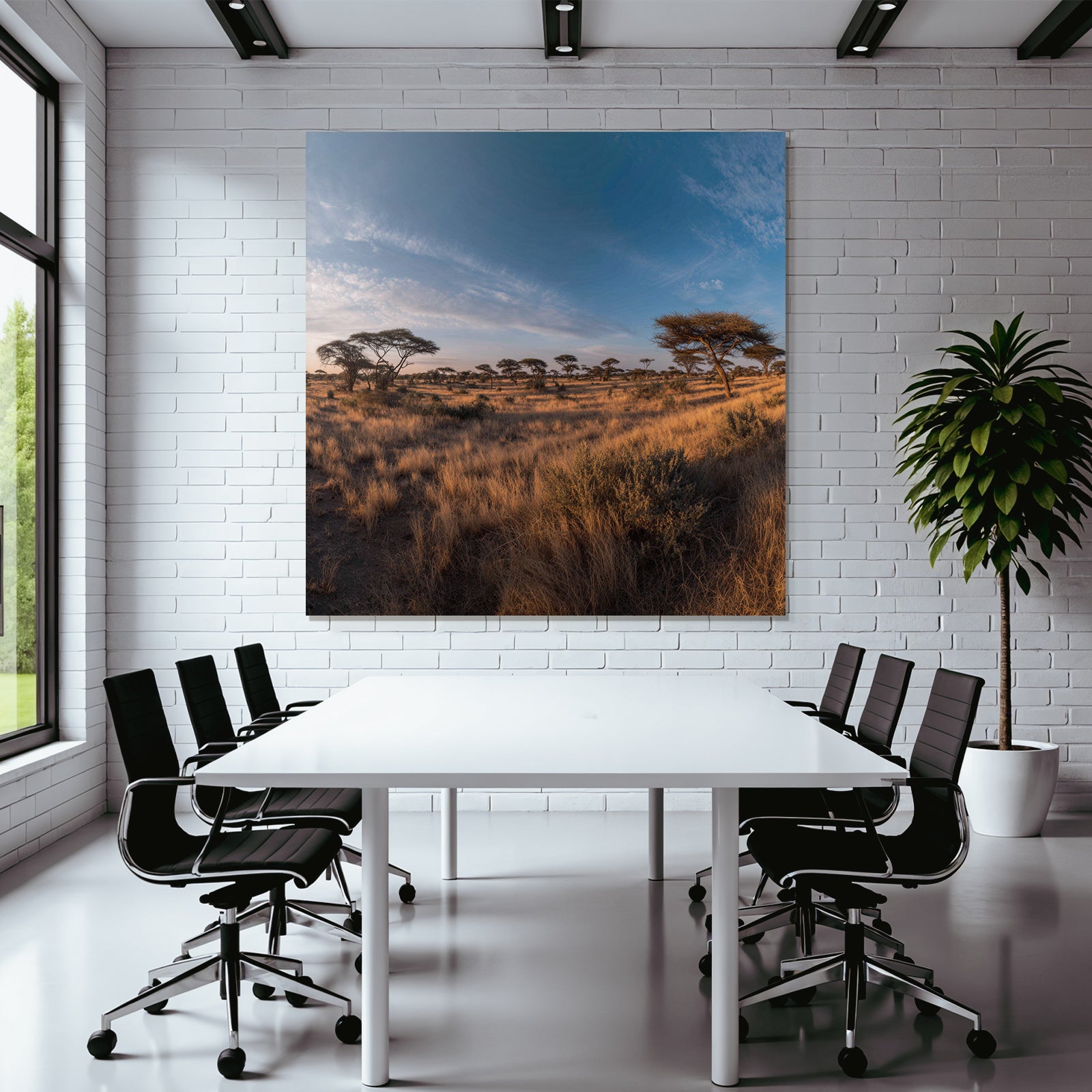 Desert Peaceful Landscape Savanna Acacia Green Grassland Clear Blue Sky