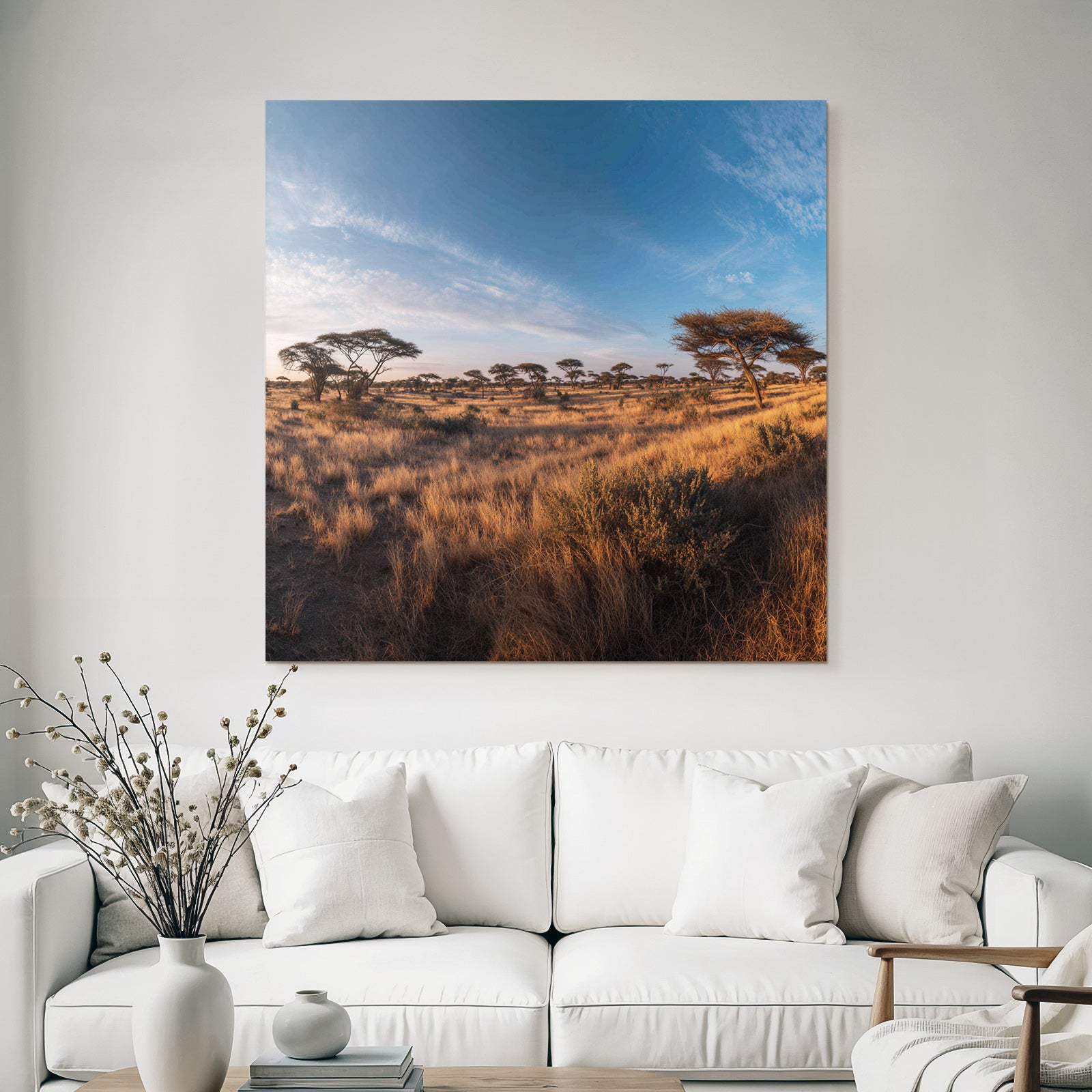 Desert Peaceful Landscape Savanna Acacia Green Grassland Clear Blue Sky