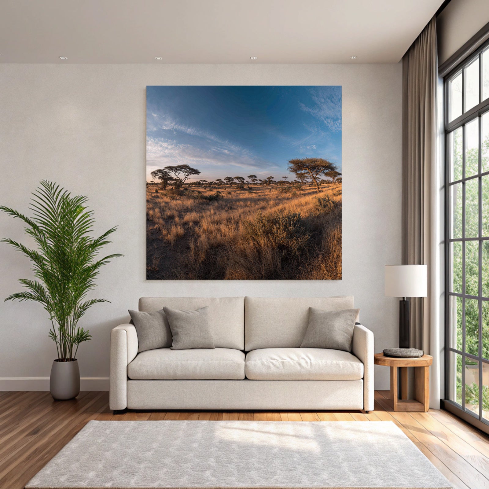 Desert Peaceful Landscape Savanna Acacia Green Grassland Clear Blue Sky