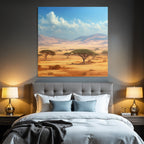 Desert golden grass fields with acacia tree and hills in the savannah