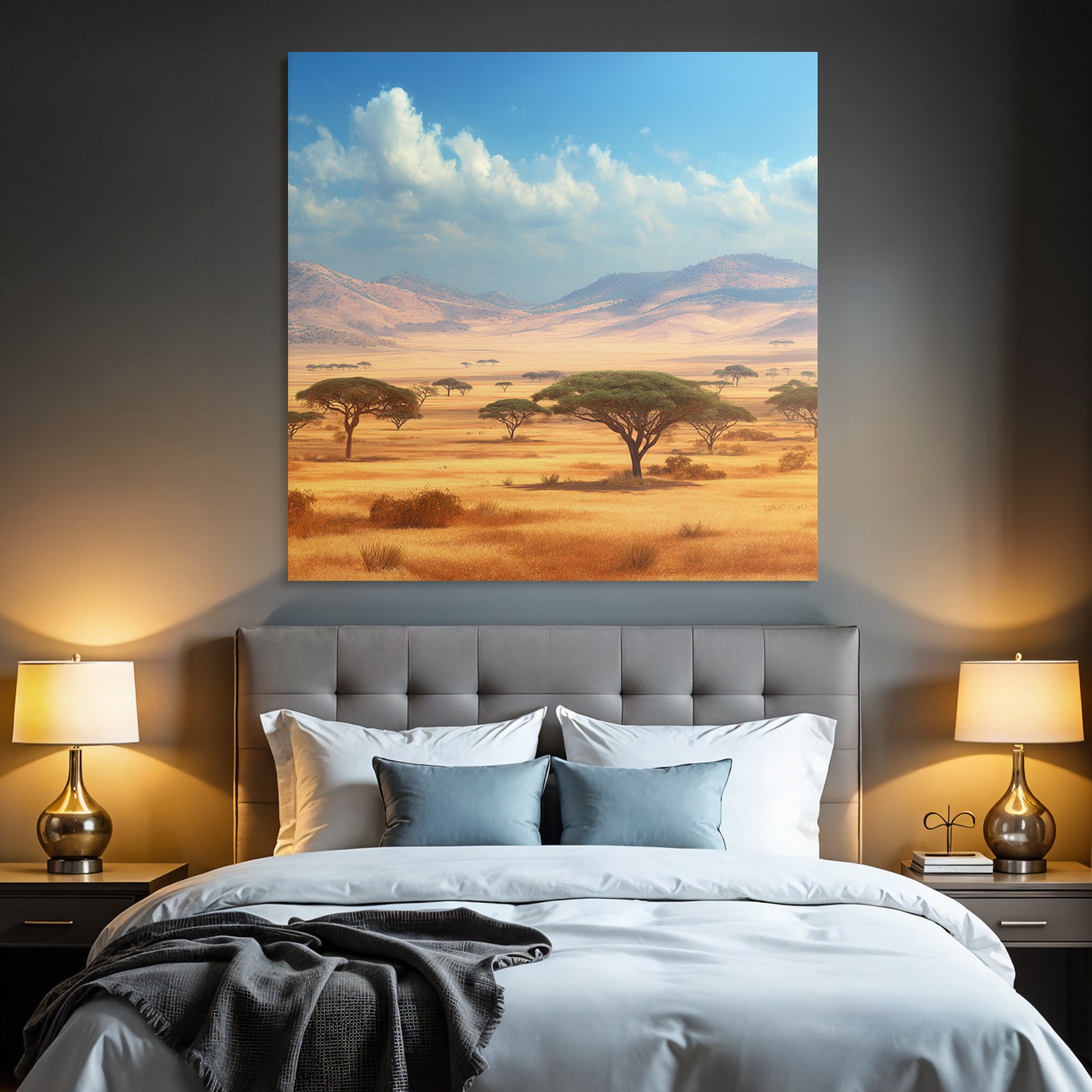 Desert golden grass fields with acacia tree and hills in the savannah