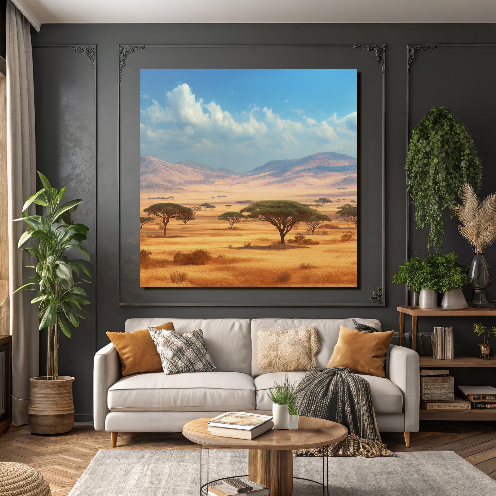 Desert golden grass fields with acacia tree and hills in the savannah