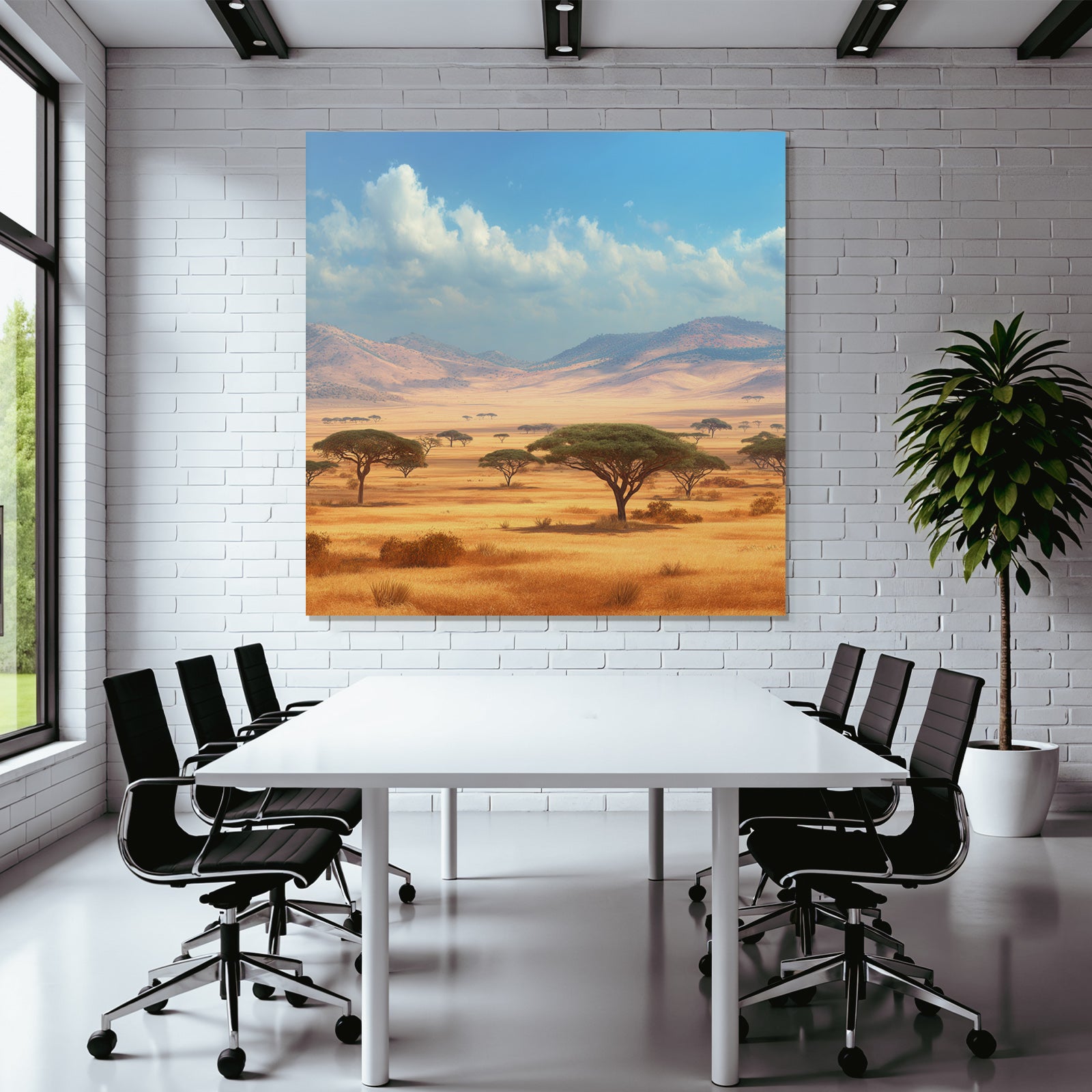 Desert golden grass fields with acacia tree and hills in the savannah