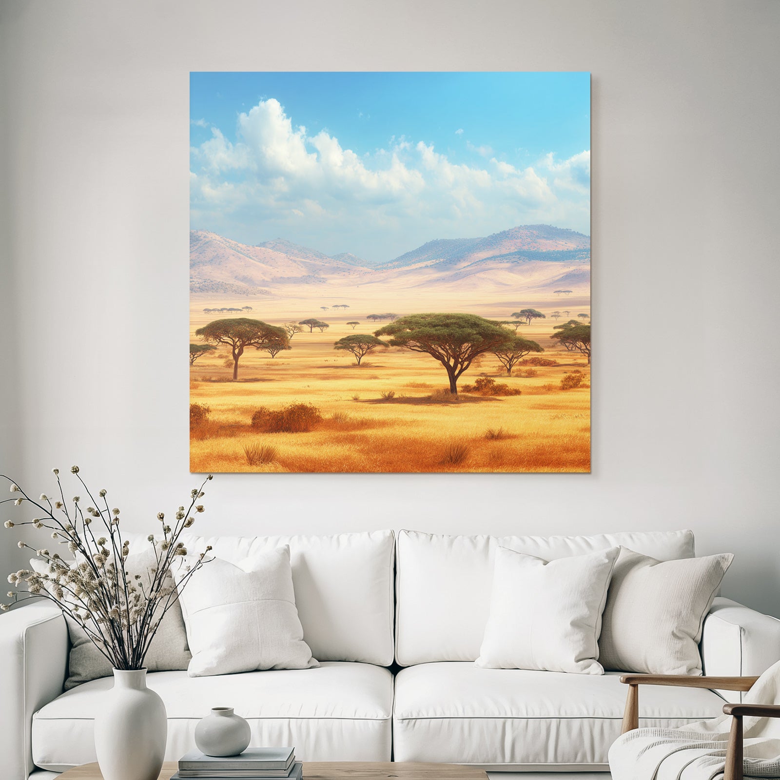 Desert golden grass fields with acacia tree and hills in the savannah