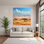 Desert golden grass fields with acacia tree and hills in the savannah
