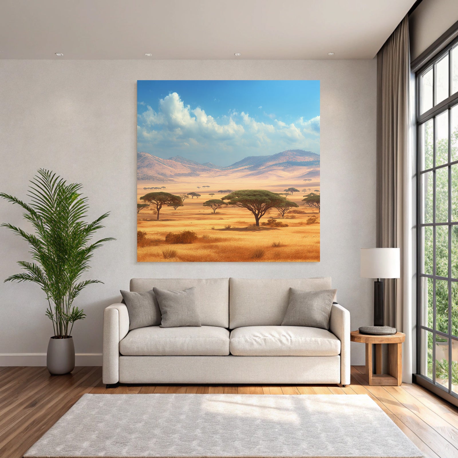 Desert golden grass fields with acacia tree and hills in the savannah