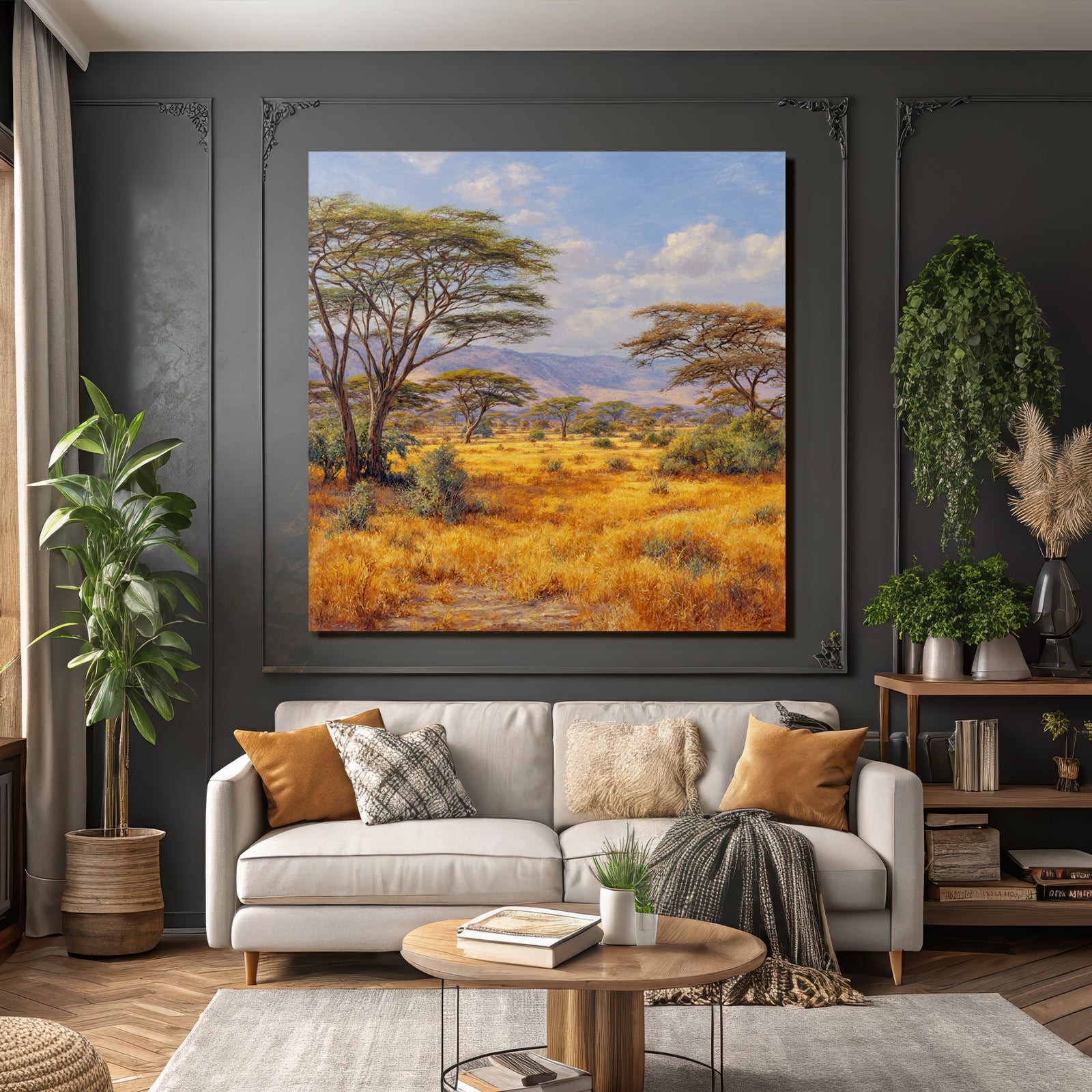 Desert Golden Grassland With Trees Sky With Clouds