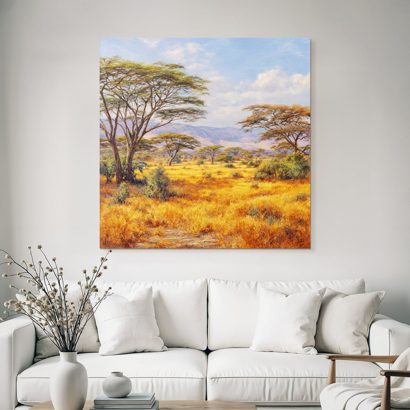 Desert Golden Grassland With Trees Sky With Clouds