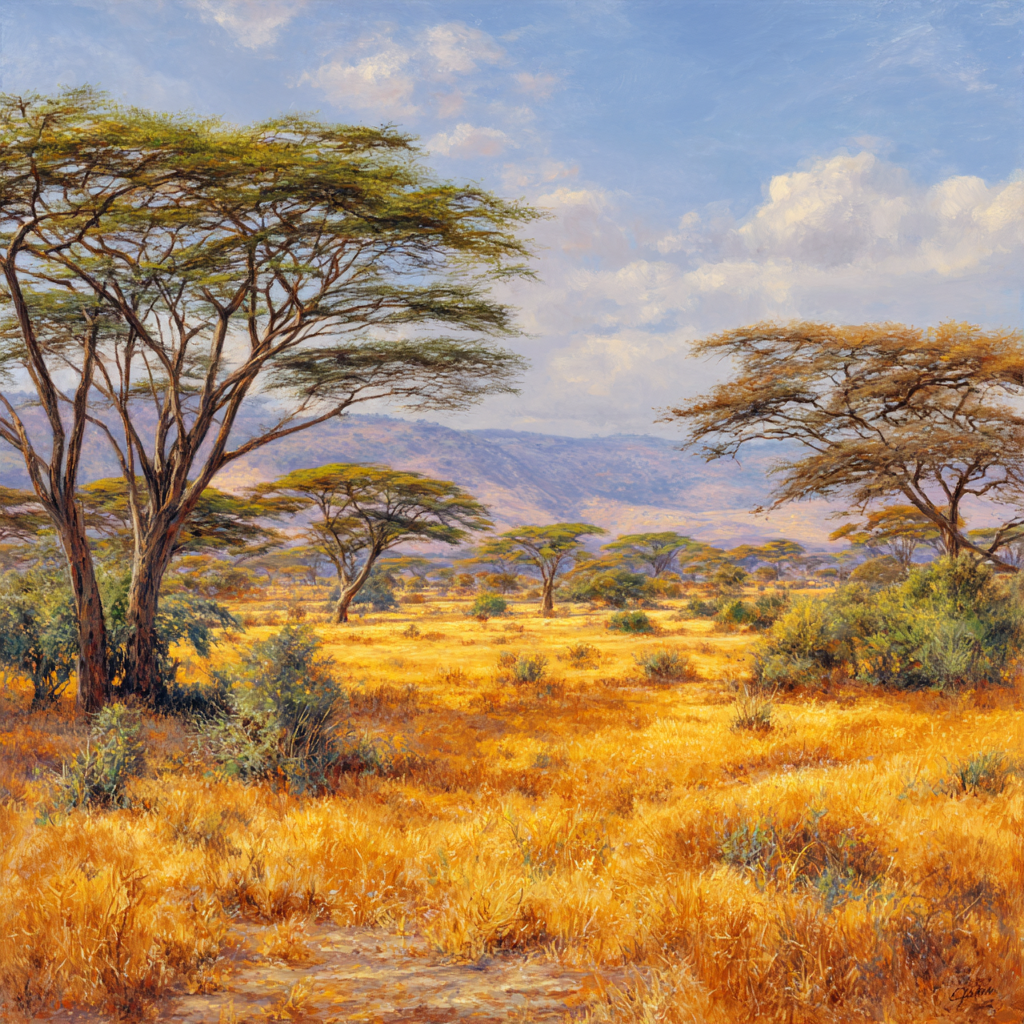 Wüsten Goldene Graslandschaft Mit Bäumen Himmel Mit Wolken | Wuesten und Savanne | Landschaften