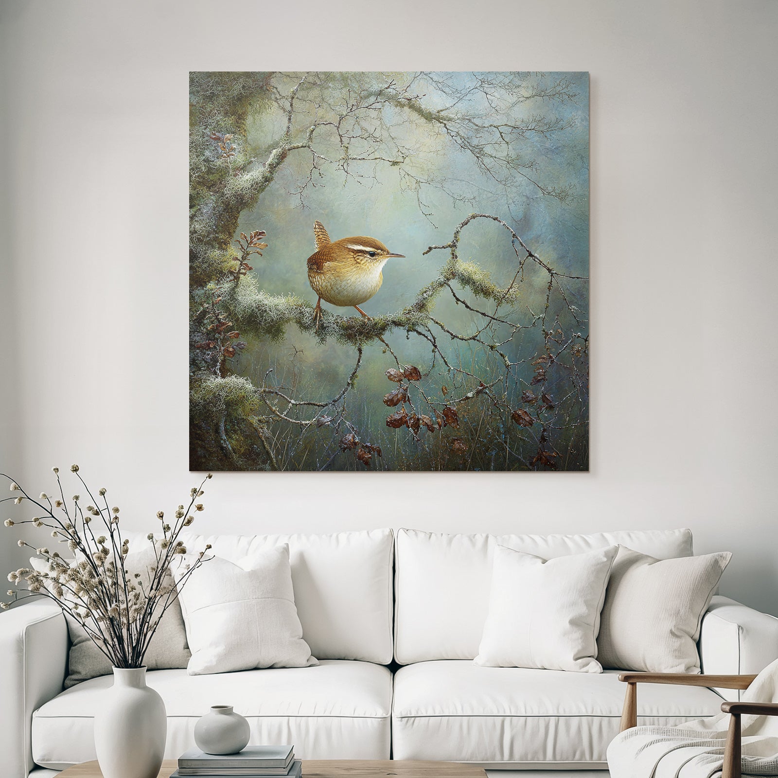 Desert Small Bird on a Moss-Covered Branch in a Tranquil Nature Setting