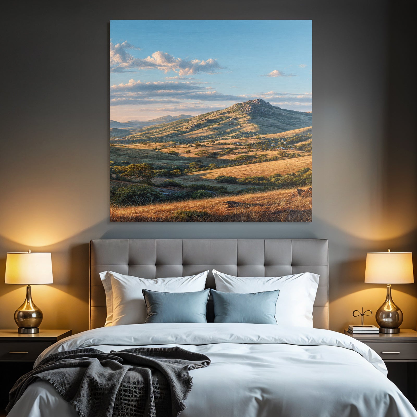 Deserts Picturesque Landscape Mountains Hills Green Fields Blue Sky