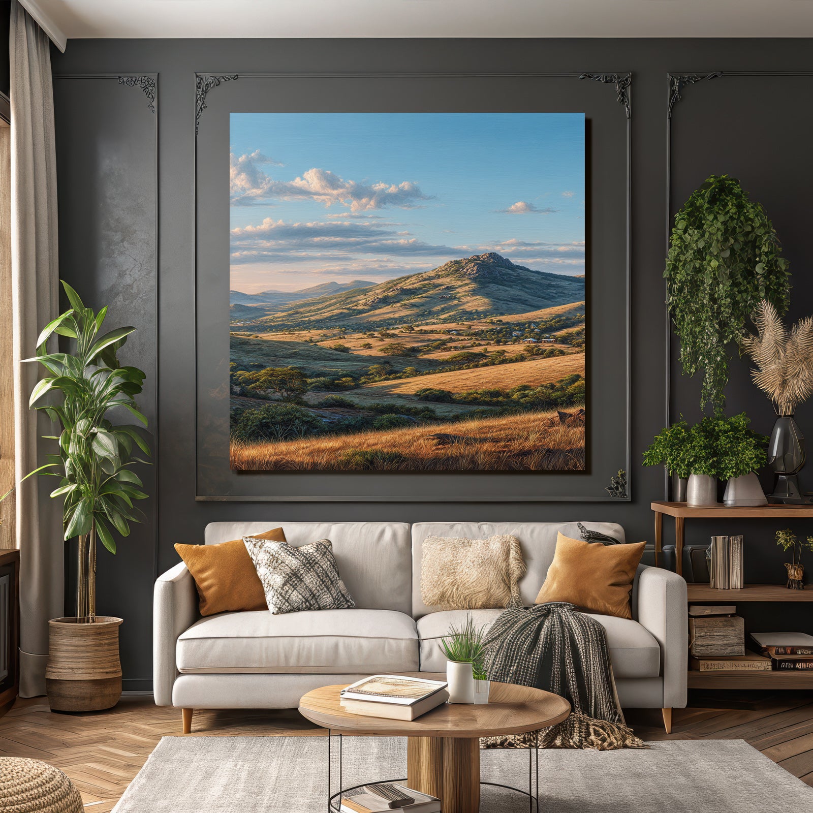 Deserts Picturesque Landscape Mountains Hills Green Fields Blue Sky