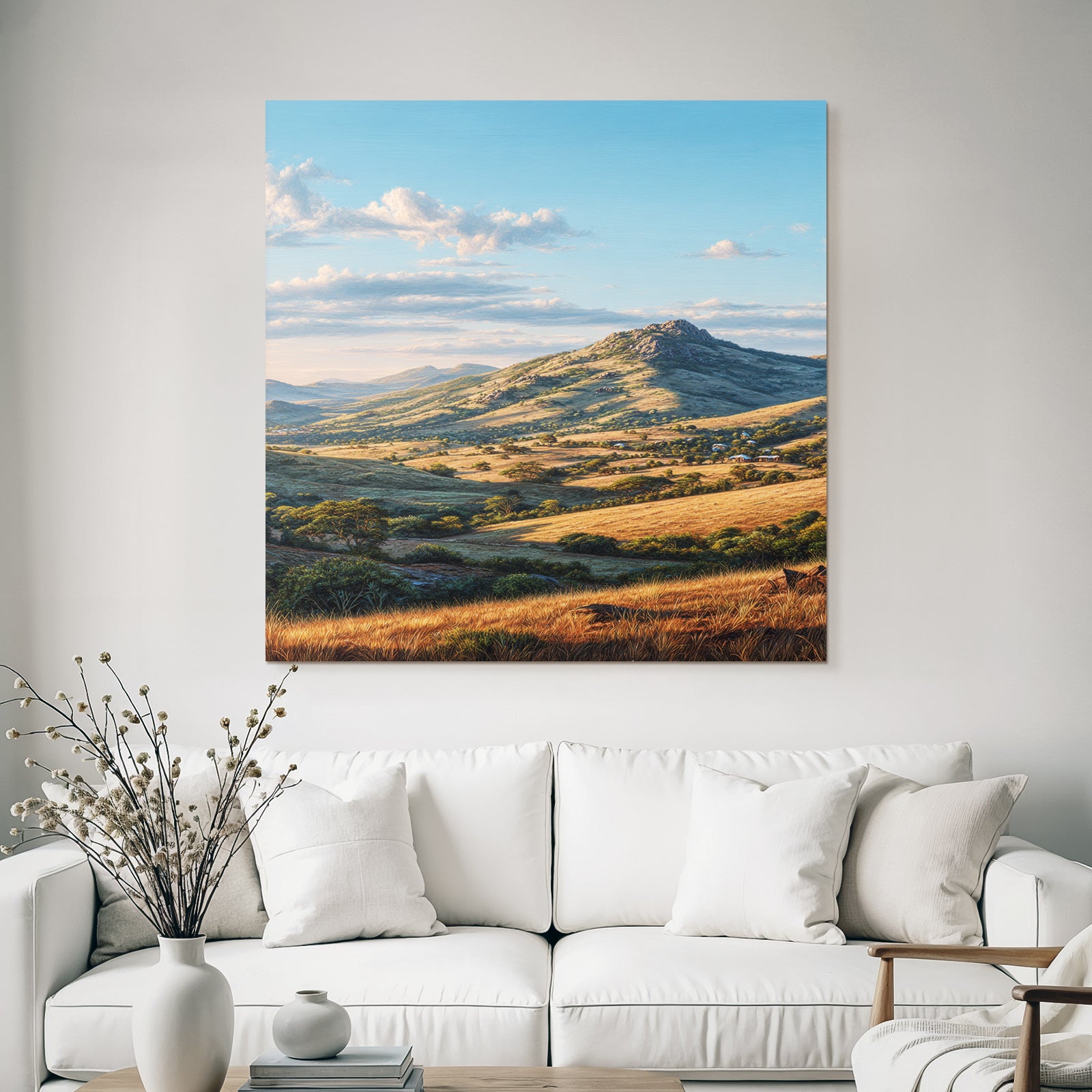 Deserts Picturesque Landscape Mountains Hills Green Fields Blue Sky