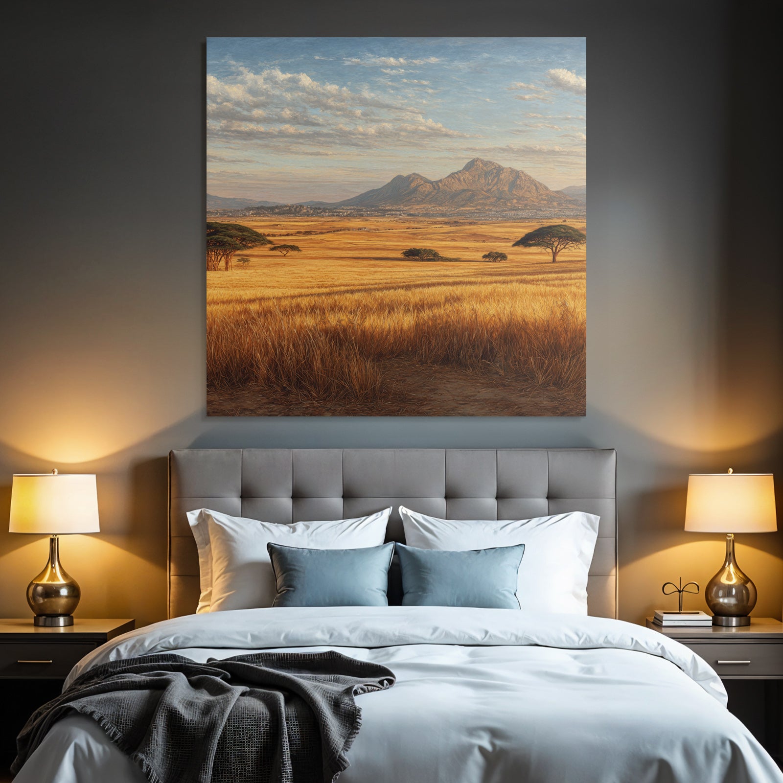 Deserts Rolling Hills Golden Field Mountains Blue Sky With Clouds