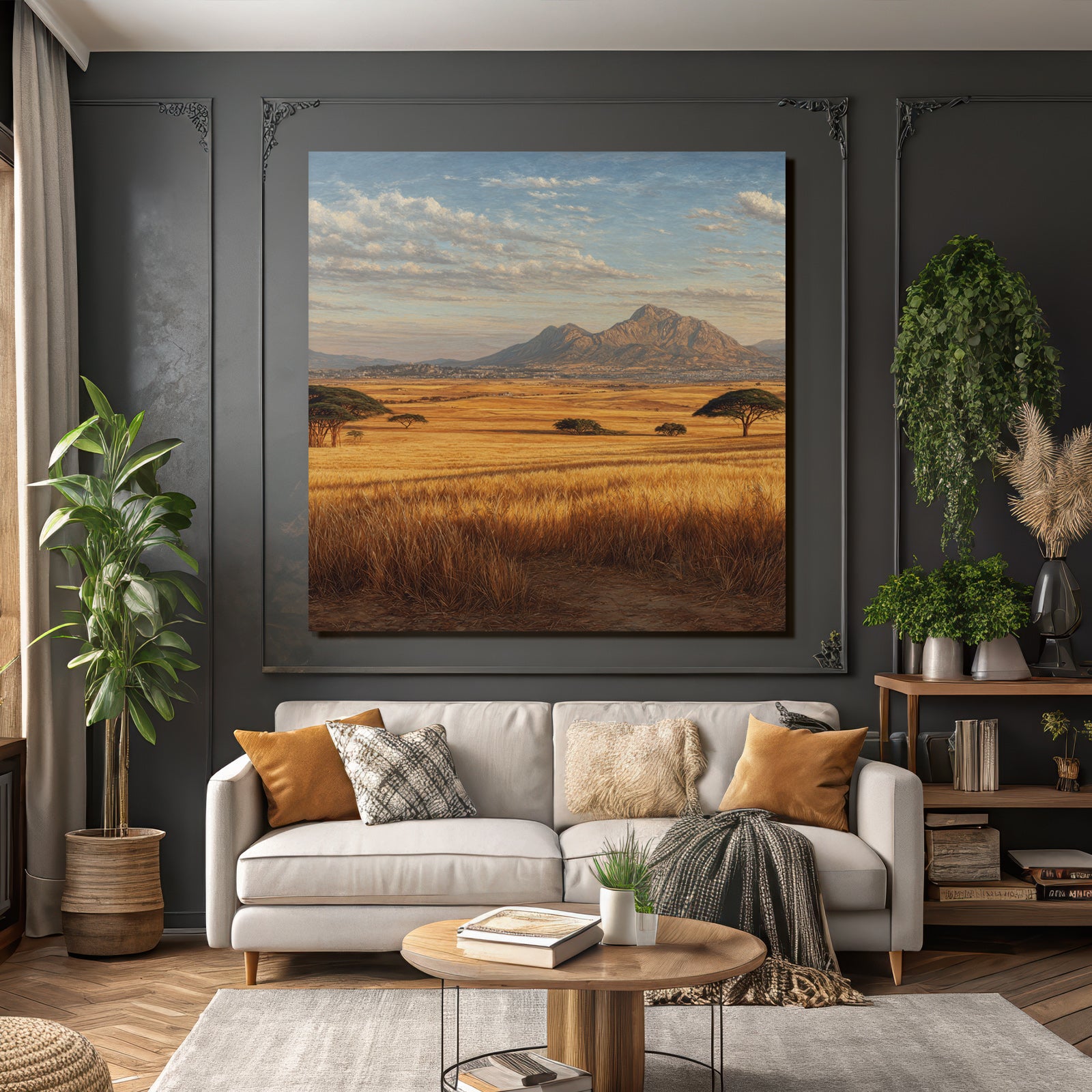 Deserts Rolling Hills Golden Field Mountains Blue Sky With Clouds