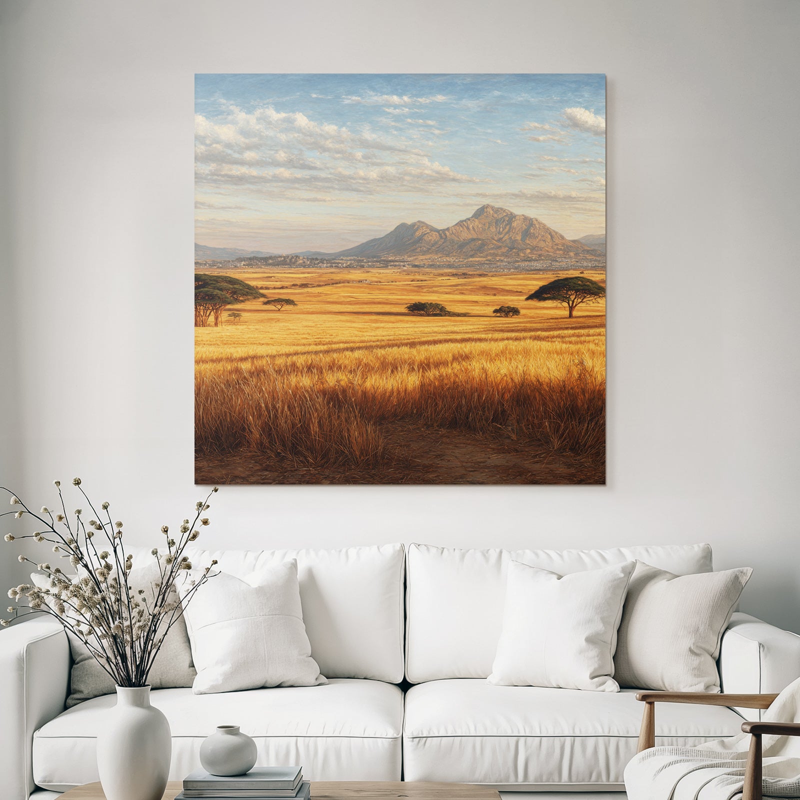 Deserts Rolling Hills Golden Field Mountains Blue Sky With Clouds