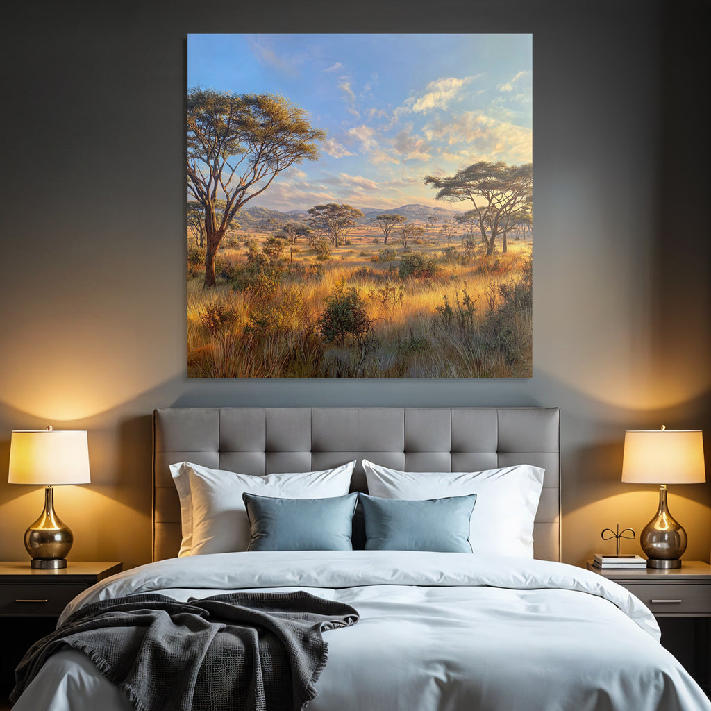 Desert Tranquil Landscape Savanna Grassland With Trees Hills In The Background