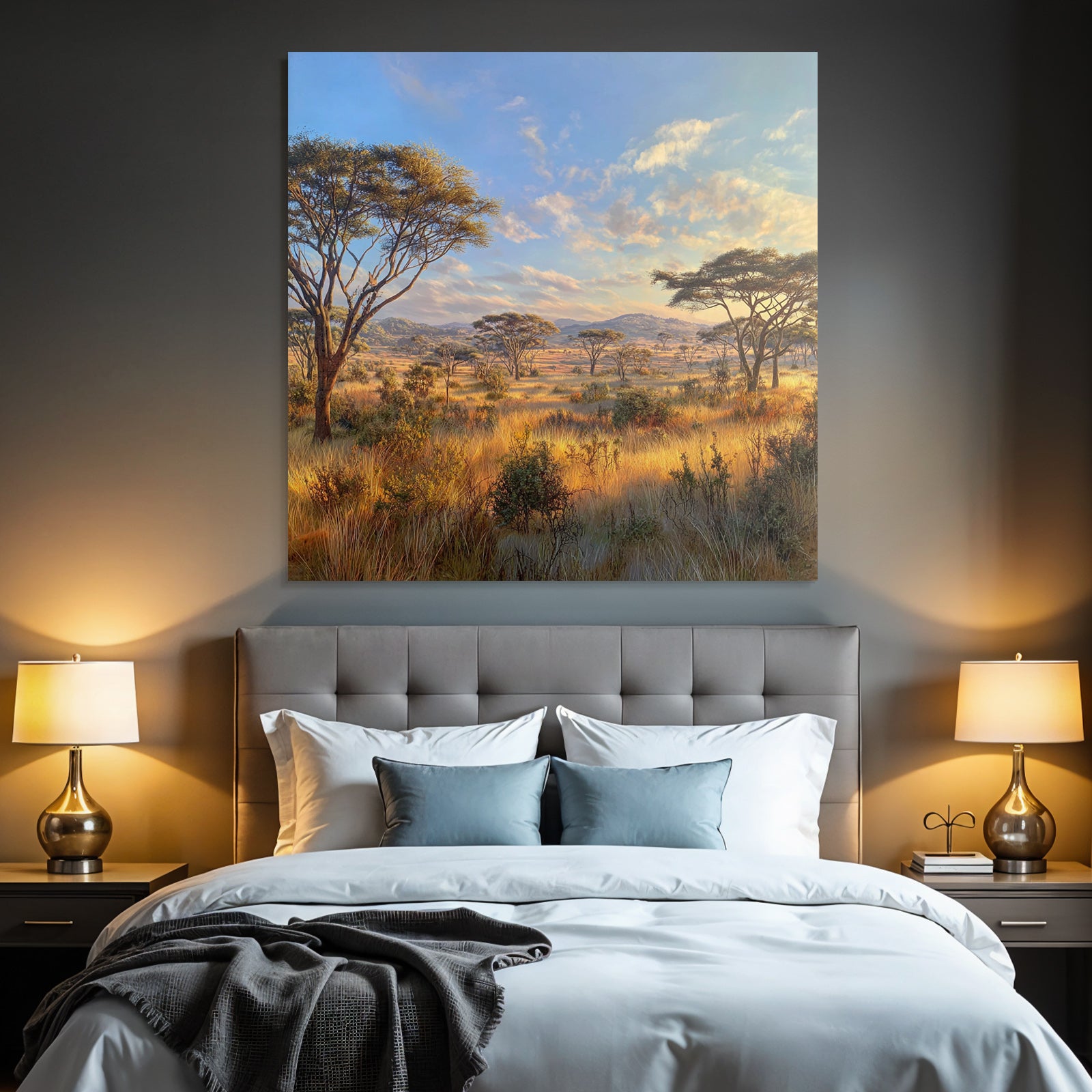 Desert Tranquil Landscape Savanna Grassland With Trees Hills In The Background
