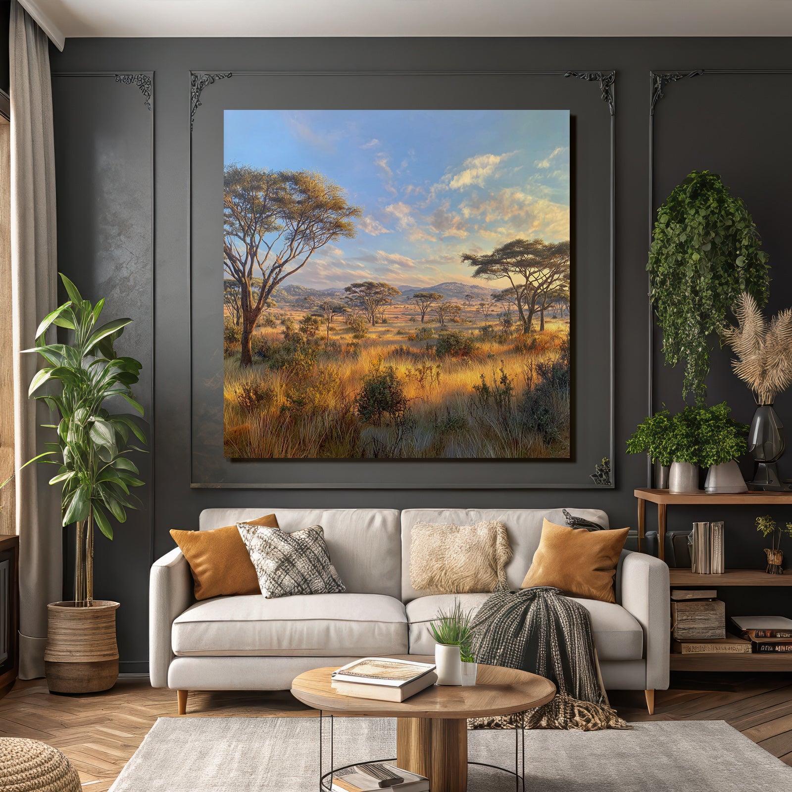 Desert Tranquil Landscape Savanna Grassland With Trees Hills In The Background