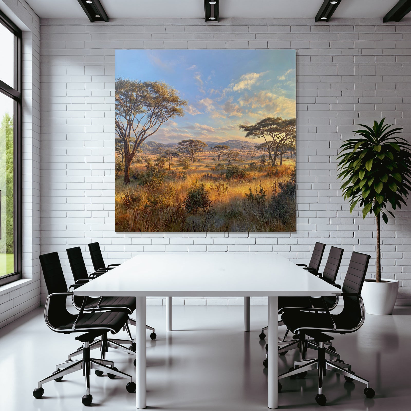 Desert Tranquil Landscape Savanna Grassland With Trees Hills In The Background