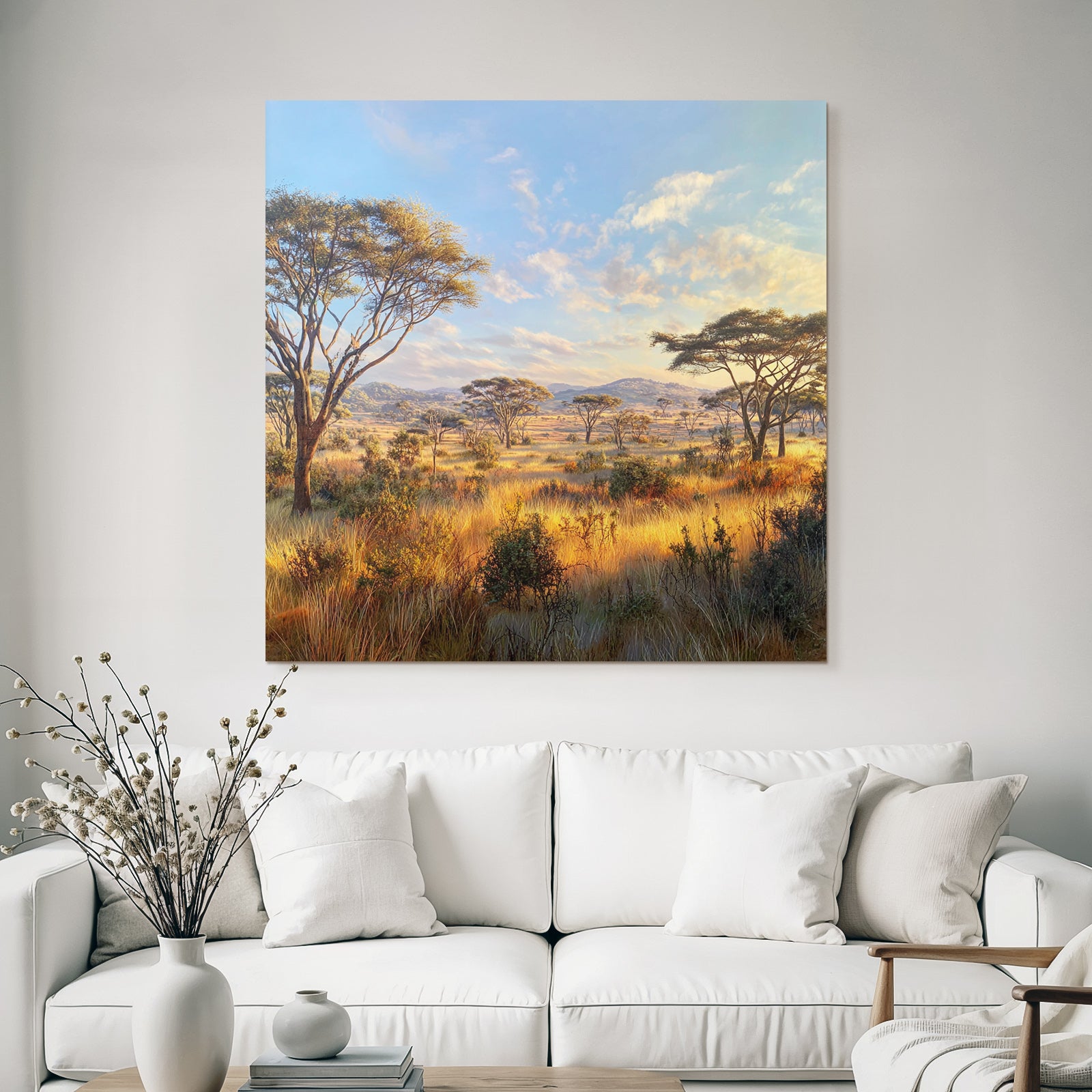 Desert Tranquil Landscape Savanna Grassland With Trees Hills In The Background