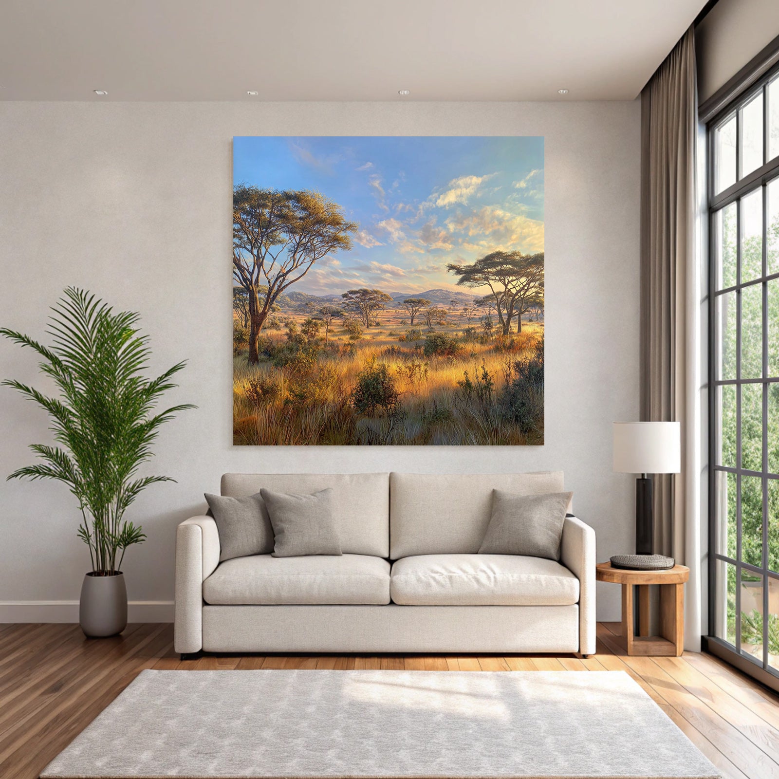 Desert Tranquil Landscape Savanna Grassland With Trees Hills In The Background