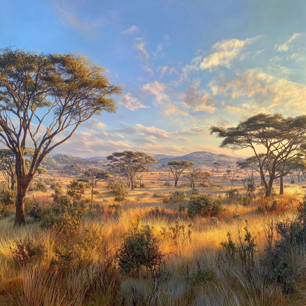Wüsten Ruhevolle Landschaft Savanne Grassland Mit Bäumen Hügel Im Hintergrund | Wuesten und Savanne | Landschaften