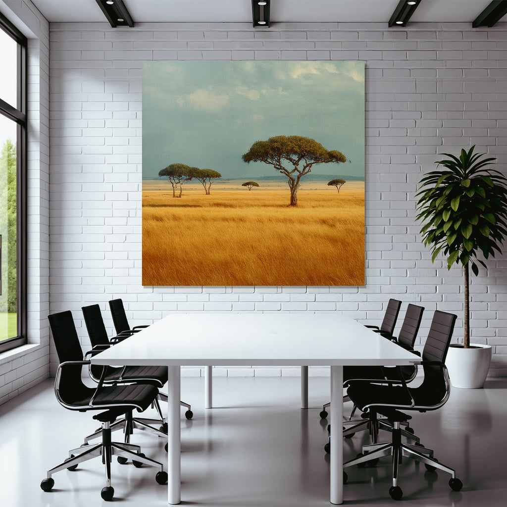 Desert Tranquil Landscape With Trees In Golden Field