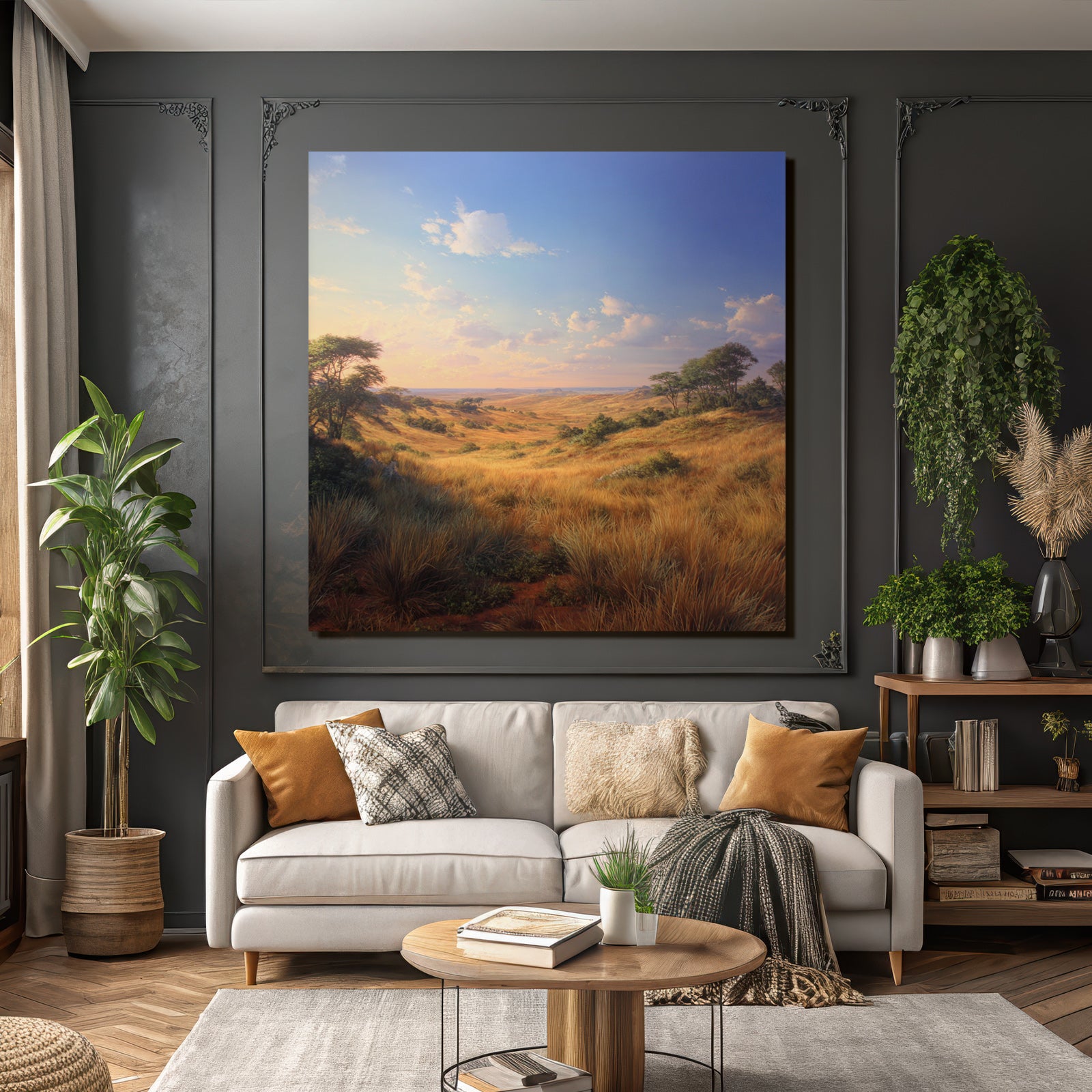 Desert Tranquil Landscape With Rolling Hills And Green Meadows