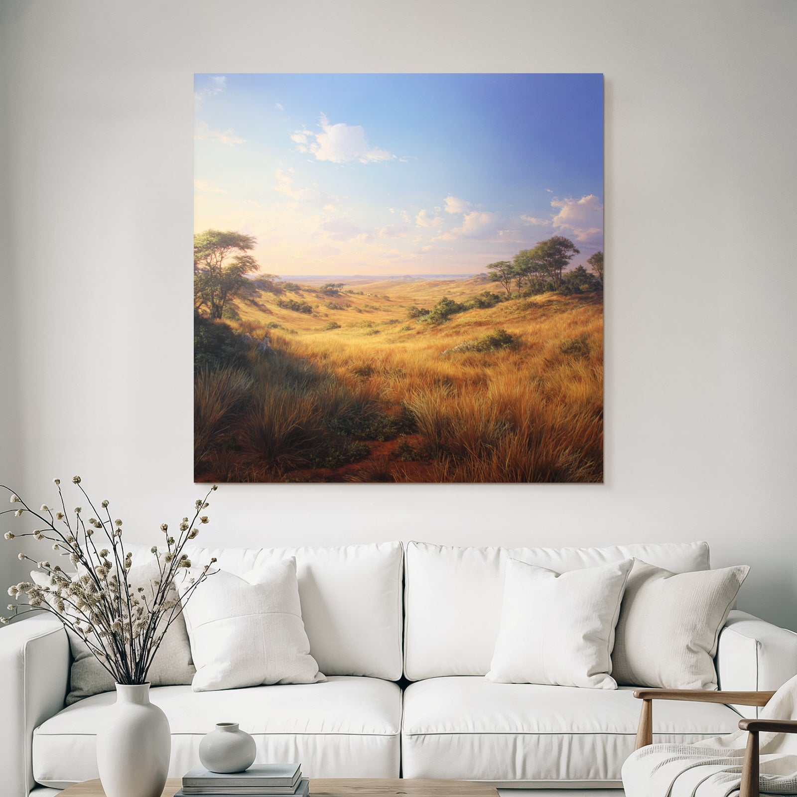 Desert Tranquil Landscape With Rolling Hills And Green Meadows