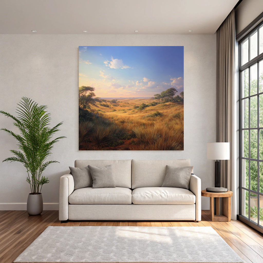 Desert Tranquil Landscape With Rolling Hills And Green Meadows