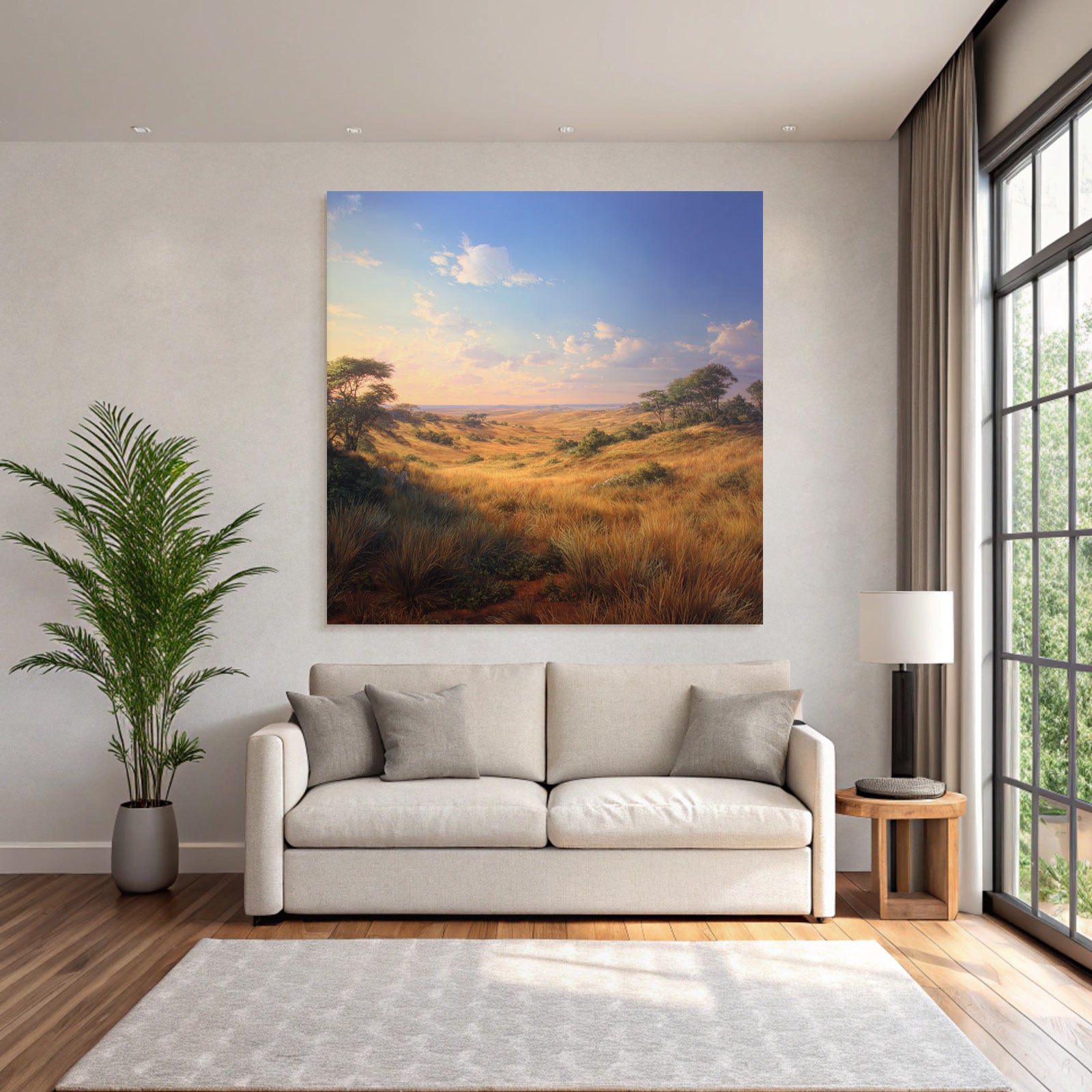 Desert Tranquil Landscape With Rolling Hills And Green Meadows